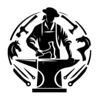 Silhouette of a blacksmith at work, surrounded by tools and horse heads, emblemstyle on a white background. vector