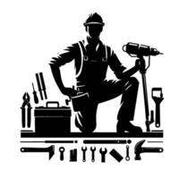 Silhouette of a kneeling construction worker with tools, depicting professionalism and craftsmanship, black and white design. vector