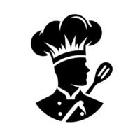 Silhouette of a chef in profile, wearing a tall toque, holding a spatula, with a black and white minimalist design. vector