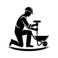 Silhouetted construction worker kneeling by wheelbarrow, preparing to work in black and white vector