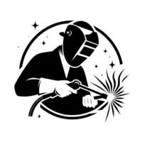 A stylized, monochrome illustration of a welder in a protective mask, welding with bright sparks, framed by a curved line with star accents. vector