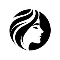 Silhouette of a womans face with flowing hair, set within a black circle against a plain white backdrop, evoking serenity and grace. vector