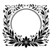 Elegant monochrome floral frame a symmetrically arranged featuring a central circle surrounded by stylized black leaves, vines, and a detailed flower at the base, set against a stark white bac vector