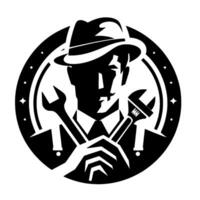 A silhouetted mechanic with a fedora, holding wrenches inside a starstudded circular frame, vintage style. vector