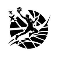 Dynamic black and white silhouette of basketball player dunking with airplanes above a stylized globe, number jersey. vector