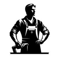 A heroic, stylized silhouette of a tradesman in overalls, holding a tool, looking confidently to the side, with strong lines and a minimalist black and white composition. vector
