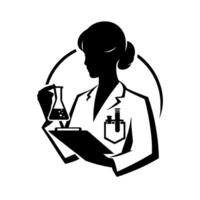 A silhouette of a female scientist in a lab coat, holding a flask with a bubbling liquid and a clipboard, framed by a partial circle on a white background. vector