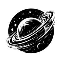 A minimalist, stylized black and white illustration of a planet with prominent rings set within a starfilled cosmic backdrop, evoking space exploration. vector
