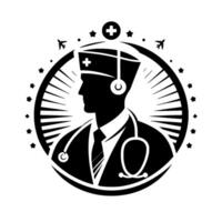 Silhouette of a medical professional profile inside a circle, featuring a stethoscope and cross, surrounded by star and airplane elements. vector