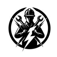A stylized, black and white of an electrician, framed within a circular design, holding tools and lightning bolts. the image is meant to represent energy and repair. vector