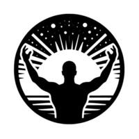 A silhouetted human figure reaching upwards within a circle, facing a sunburst, suggesting aspiration and enlightenment. vector