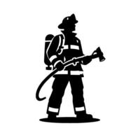 Silhouette of a firefighter, rendered in black and white, standing with a respirator and axe against a stark white background, emphasizing the heros stance. vector
