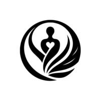 Symbolic black white an embrace of heart nature human figure with heartshaped core, enclosed by leaves in a circular frame on a white background. vector