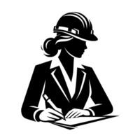 Silhouette of a female architect in a hard hat and suit, drafting plans, signifying professionalism and expertise. vector