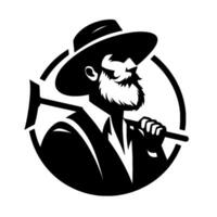 A striking black and white illustration of a bearded man in a widebrimmed hat, holding a pickaxe over his shoulder, enclosed within a circular frame. vector