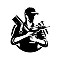 Bold black and white of a construction worker with a drill, tools, and a cap, ideal for company logos or branding. vector