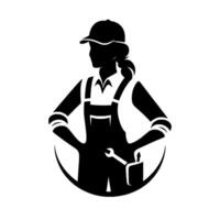 Bold silhouette of a confident female mechanic in overalls, cap and tools, representing skilled labor and empowerment within an artistic circle. vector
