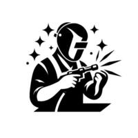 A stylized, black and white illustration of a welder at work, shown in profile, with sparks emanating from their welding tool. vector