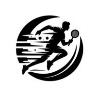 Dynamic silhouette of a tennis player, racing within a crescentshaped frame, showcasing motion with speed lines, racket raised, monochromatic, impactful design. vector