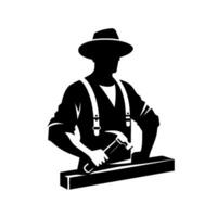 Silhouetted craftsman with hammer and hat, focused on woodworking. a minimalist, black and white illustration of a carpenter at work. vector
