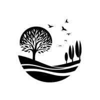 A monochrome, minimalistic landscape silhouette featuring a large, leafy tree, rolling hills, slender trees, and flying birds enclosed within a circular frame, creating a sense of serenity. vector