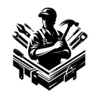 Silhouette of a skilled carpenter holding a hammer surrounded by tools within a boxy composition, illustrating tradesmanship. vector