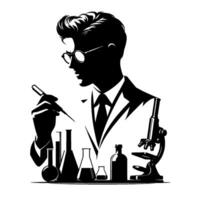 Silhouetted scientist in lab coat, analyzing with dropper, surrounded by beakers, flasks, and microscope a modern black and white illustration. vector