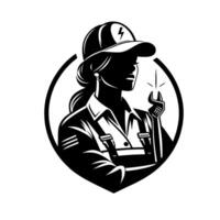 A striking silhouette of a female mechanic, poised in a circle, wearing a cap with a lightning bolt and holding a wrench, embodying strength and expertise. vector