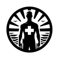 Silhouetted figure of a healthcare professional within a stylized emblem of sun rays and aquatic elements, featuring a prominent cross. vector