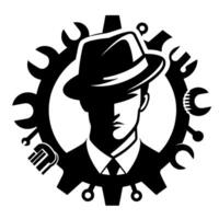 Silhouette of a man in a hat, framed by a gear and tools, symbolizing engineering, skill, and expertise in monochrome. vector