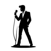 A silhouette of elvis presley in a classic pose, performing with a microphone, clad in a suit, and set against a stark white backdrop. vector