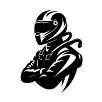 A stoic black and white silhouette of a race car driver with crossed arms, helmeted, and prepared for the starting line. the is sharp and modern. vector