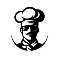 A cool, stylized black and white illustration of a chef wearing sunglasses, a mustache, and a chefs hat, with a curved decorative flourish. vector