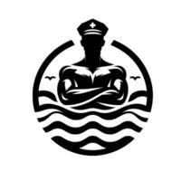 Muscular lifeguard silhouette with crossemblem hat emerges from stylized ocean waves within a circular frame, evoking strength and protection. vector