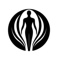 Silhouette of a human figure within a stylized, leaflike halo, rendered in stark black and white, suggesting balance and harmony. vector