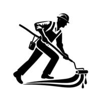 Silhouette of a painter in overalls rolling paint, dripping downwards, against a white background, illustrating construction and home improvement. vector
