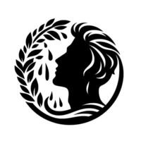 A black silhouette of a persons profile crying within a laurel wreath, evoking themes of sadness and nature, rendered in a minimalist style. vector