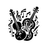 A stylized monochrome illustration of two violins intertwined with musical notes and symbols, set against a pristine white background, evoking a sense of harmony. vector