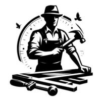 A silhouetted carpenter in overalls and a fedora, centered, hammering on wood with a clocklike backdrop and two birds flying above, symbolizing craftsmanship and time. vector