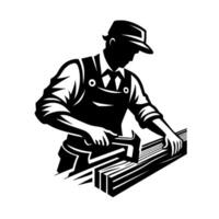 A silhouetted carpenter, wearing a hat and overalls, meticulously using a hammer on a wooden plank, creating a classic and timeless artisan representation. vector