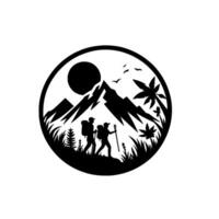 Silhouette of hikers with backpacks trekking through a mountainous landscape, framed by a circle, sun, palm trees, and birds. vector