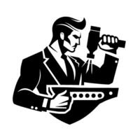 Stylish black and white illustration of a sharply dressed man in a suit, aiming a spray gun at a horizontal surface with focused intensity and a retro aesthetic. vector