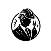 A sleek, monochromatic depicting a suited engineer in a hard hat, holding a wrench, with lightning bolts, representing electrical expertise and service. vector