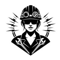 Empowered silhouette a strong female technician, featuring protective gear, goggles, and wrenches, radiating confidence with symbolic electricity. vector
