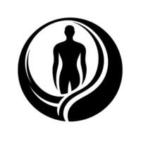 A minimalist black silhouette of a human figure enclosed within a stylized yinyang inspired circular design, set against a white backdrop. vector