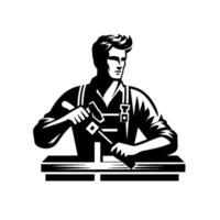 A stylized monochrome illustration of a determined craftsman, striking with a hammer on a workpiece resting on a workbench, showcasing skill and precision. vector