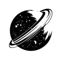 Bold, stylized black and white illustration of a planet with rings, speckled with stars and a crescent moon, against a stark white background, showcasing cosmic wonder. vector