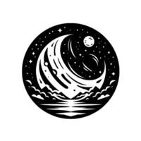 Black and white circular illustration featuring a crescent moon, planets, stars, mountains, reflecting waters, and clouds, evoking a sense of cosmic wonder and serenity. vector