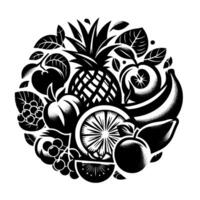 Black and white circular composition showcasing a variety of stylized fruits, including pineapple, apples, bananas, orange slices, kiwi, and grapes, with leaves. vector