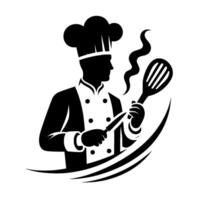 Silhouette of a chef with spatula and knife, evoking culinary skill and elegance, steam rising, composed with curved elements. vector
